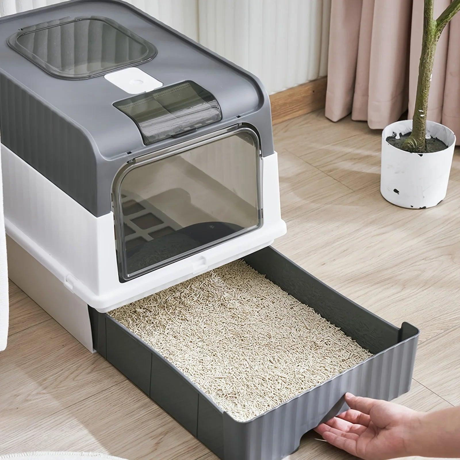 Portable Collapsible Cat Litter Pan with Splash Guard and Plastic Scoop - Pet Litter Box with Lid, Easy to Clean and Assemble