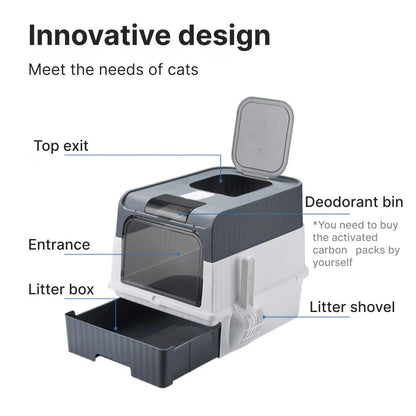 Portable Collapsible Cat Litter Pan with Splash Guard and Plastic Scoop - Pet Litter Box with Lid, Easy to Clean and Assemble