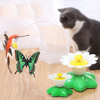 Interactive Cat Toy Cat Teaser Pet Supplies with 360 Degree Rotating Flying Bird Bee Butterfly and Flower Base