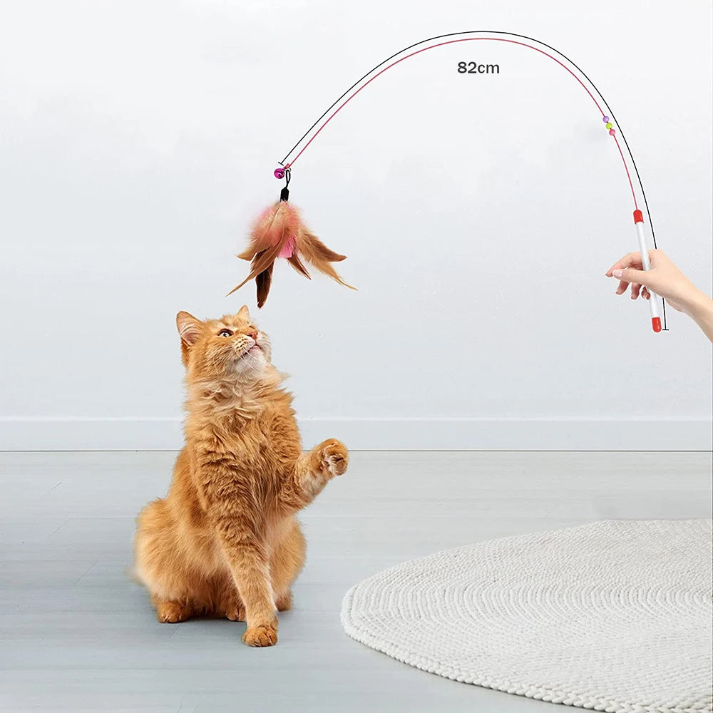 2 Pack Pet Teaser Cat Toy Steel Wire Feather Interactive Funny Cat Stick Training Teaser Kitten Wand Toys with Beads Bells