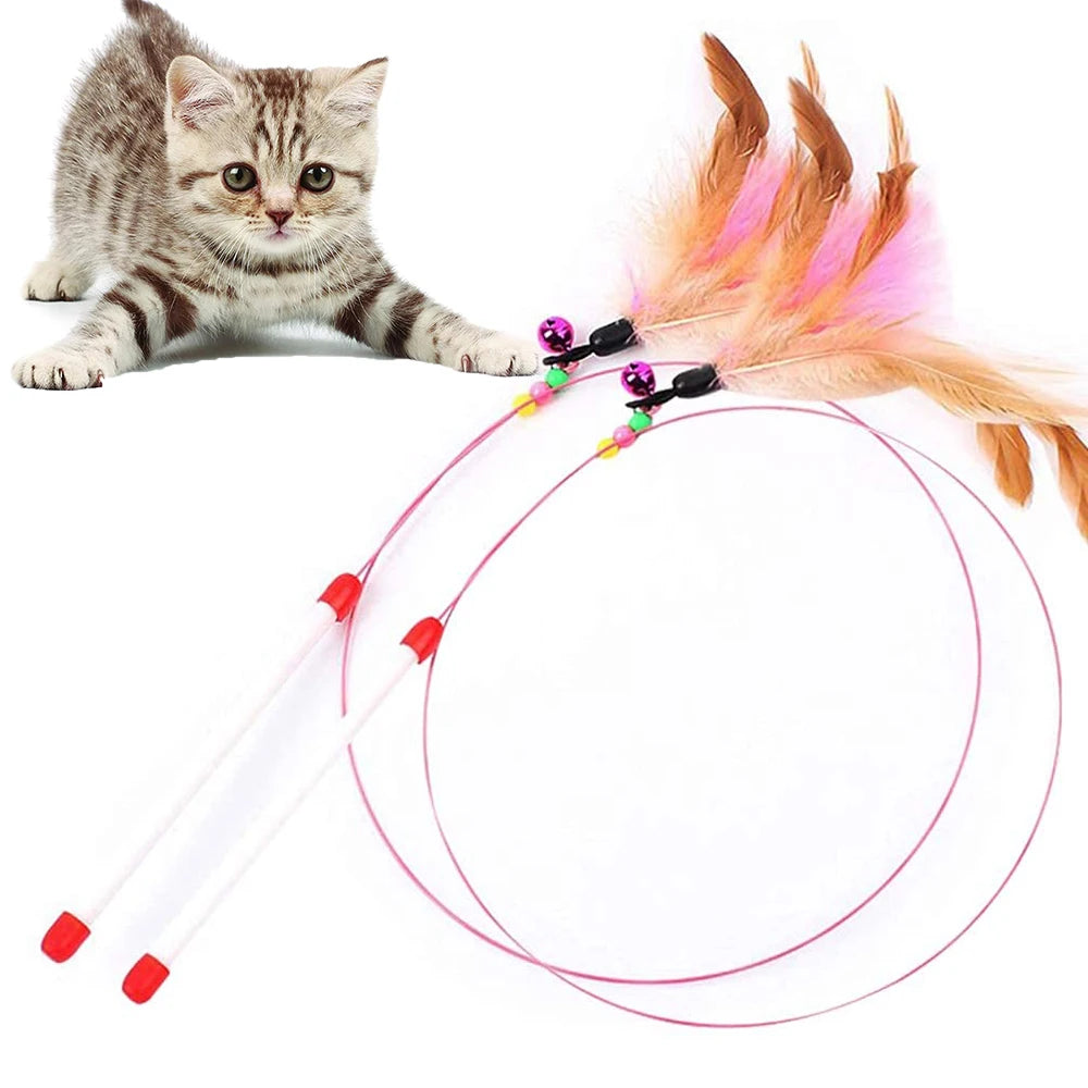 2 Pack Pet Teaser Cat Toy Steel Wire Feather Interactive Funny Cat Stick Training Teaser Kitten Wand Toys with Beads Bells