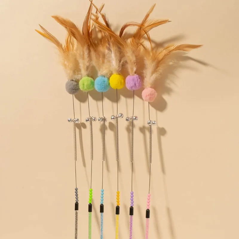 Cat Toys Feather Cat Stick Bite Resistant Steel Wire Spring Feather Interactive Cats Toy with Bell Wool Ball Kitten Toy Sticks