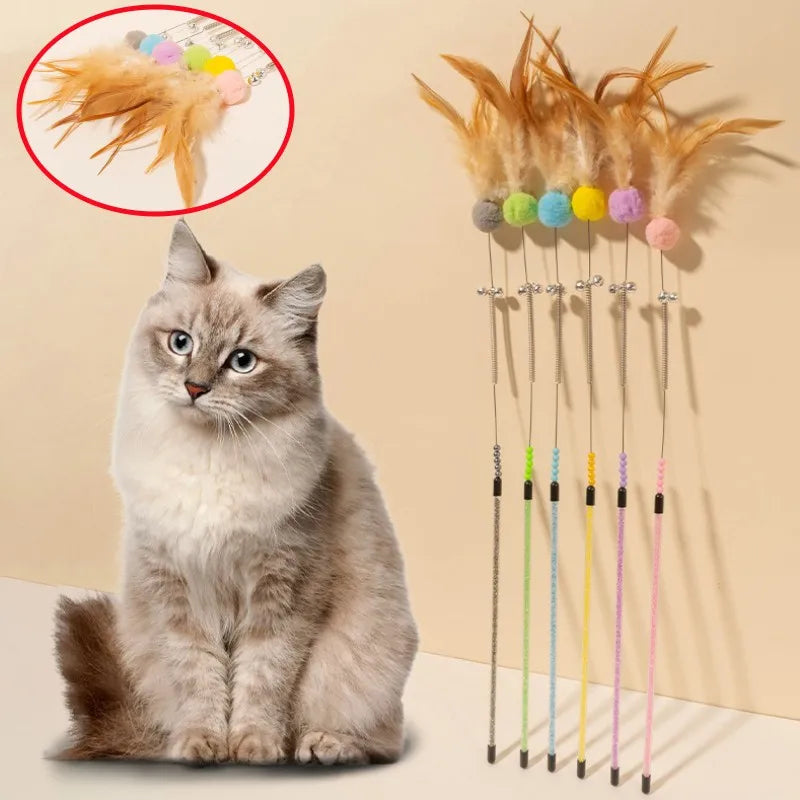 Cat Toys Feather Cat Stick Bite Resistant Steel Wire Spring Feather Interactive Cats Toy with Bell Wool Ball Kitten Toy Sticks